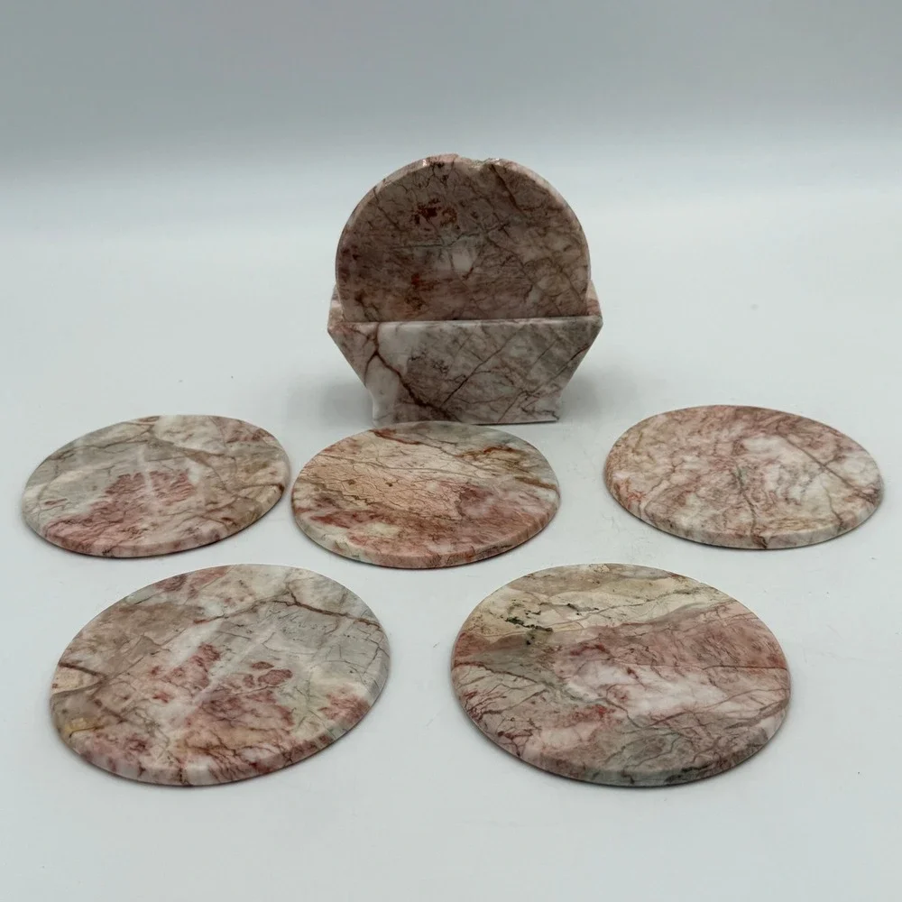 Vintage Pink Marble Coaster Set of 6 with Matching Holder Natural Stone Round